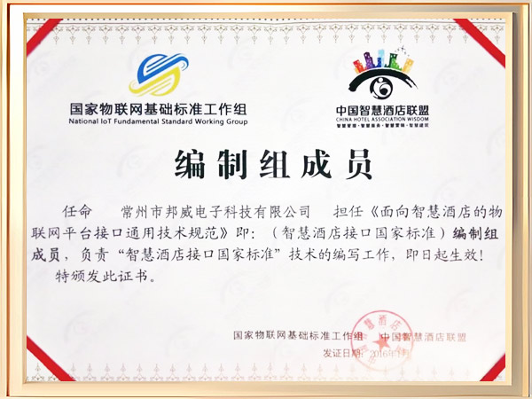 国家物联网基础标准工作组编制组成员证书